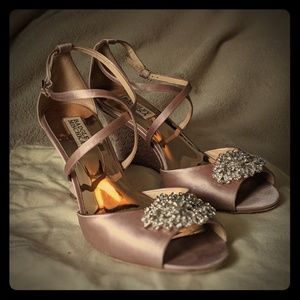 Badgley Mischka Abigail pink satin wedges.